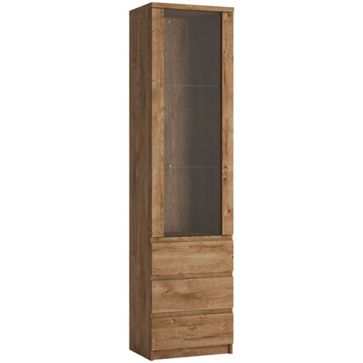 Fribo Tall Narrow 1 Door 3 Drawer Glazed Display Cabinet in Oak