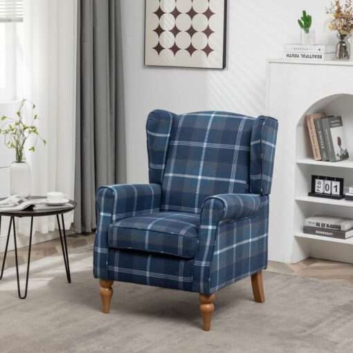 Furniture One - Wingback Chair Fireside High Back Armchair - Blue Check - Blue