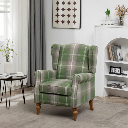 Furniture One - Wingback Chair Fireside High Back Armchair - Green Check - Green