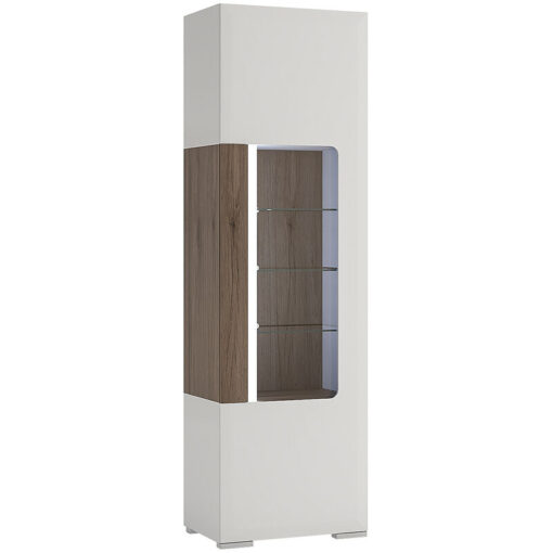 Furniture To Go - Toronto Tall Narrow Glazed Display Cabinet with Internal Shelves (inc. Plexi Lighting) In White and Oak