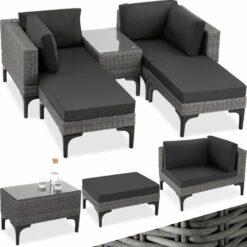 Garden Furniture Bellaria - 2 armchairs, 2 stools, side table outdoor set - Rattan lounge, garden lounge, lounge set - grey