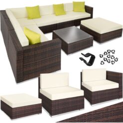 Garden Furniture Marbella - 7 seater outdoor corner sofa set with table - garden sofa, garden corner sofa, rattan sofa - mixed brown