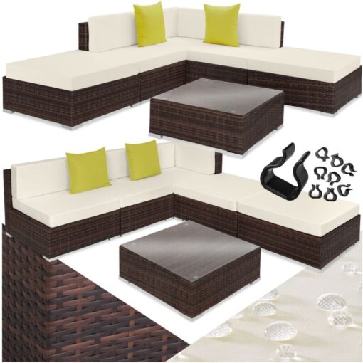 Garden Furniture Paris - modular corner sofa set with coffee table - garden sofa, garden corner sofa, rattan sofa - mixed brown