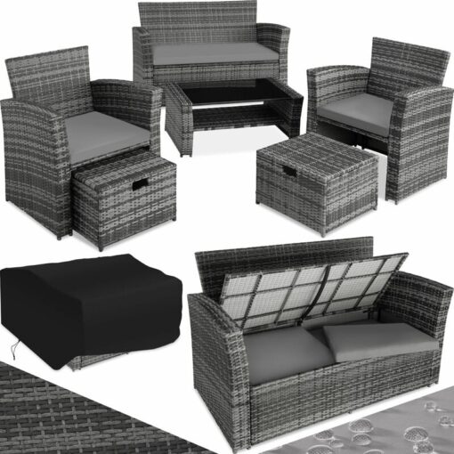 Garden Furniture Set Modena- sofa with storage, armchairs, stools, coffee table - garden sofa, garden sofa set, rattan sofa - grey