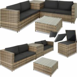 Garden Furniture Siena - for 4 people, with large storage box - garden sofa, garden corner sofa, rattan sofa - nature/dark grey