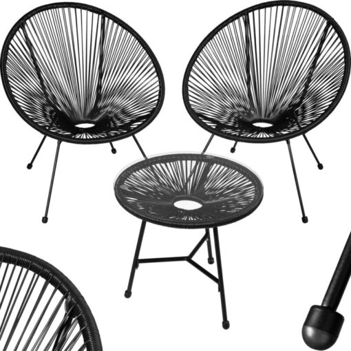 Garden Table and Chairs Santana - retro Acapulco design - round table and chairs, glass table and chairs, table and 2 chairs - black