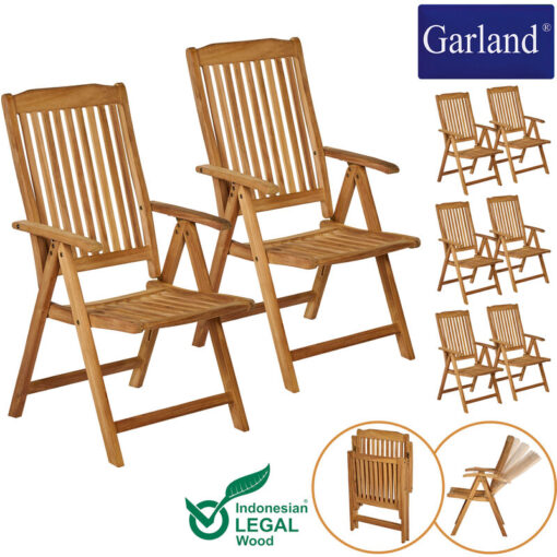 Garland Set of 8 Garden Chair Bari Teak Wood Weatherproof 5-Way Adjustable Foldable Chair Garden Armchair Balcony Chair