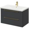 Gloss Grey 800mm Wall Mounted Vanity Unit with 1 Tap Hole Basin and 2 Drawers with Brushed Brass Handles - Napoli