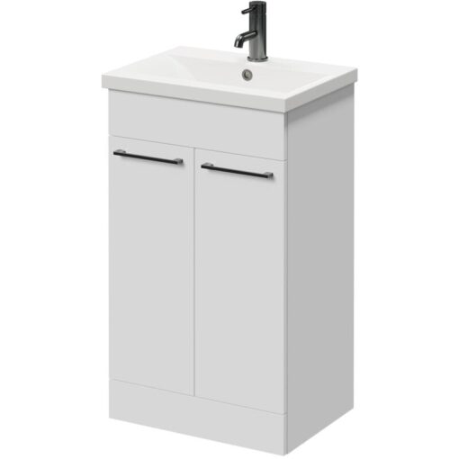 Gloss White 500mm Floor Standing Vanity Unit with 1 Tap Hole Basin and 2 Doors with Gunmetal Grey Handles - Napoli