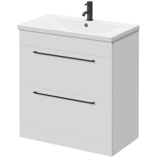 Gloss White 800mm Floor Standing Vanity Unit with 1 Tap Hole Basin and 2 Drawers with Matt Black Handles - Napoli