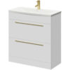 Gloss White 800mm Floor Standing Vanity Unit with 1 Tap Hole Curved Basin and 2 Drawers with Brushed Brass Handles - Napoli