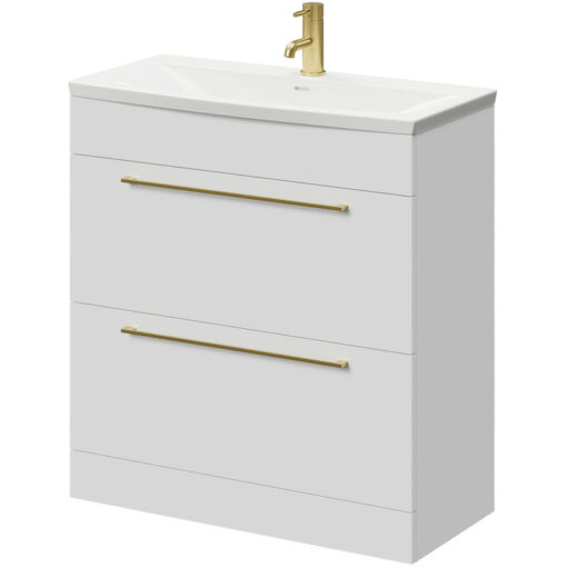 Gloss White 800mm Floor Standing Vanity Unit with 1 Tap Hole Curved Basin and 2 Drawers with Brushed Brass Handles - Napoli