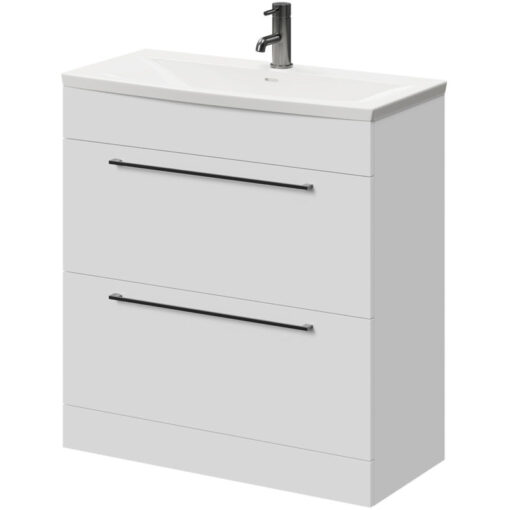 Gloss White 800mm Floor Standing Vanity Unit with 1 Tap Hole Curved Basin and 2 Drawers with Gunmetal Grey Handles - Napoli