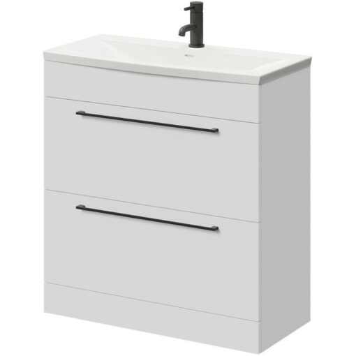 Gloss White 800mm Floor Standing Vanity Unit with 1 Tap Hole Curved Basin and 2 Drawers with Matt Black Handles - Napoli