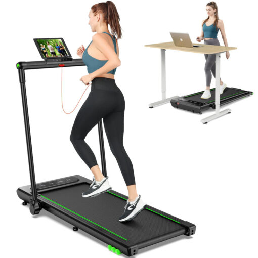 (Green) THERUN Folding Treadmill for Home, 2.5HP Under Desk Remote and LED Display, Foldable w/ 12 Programs, Shock Absorption, 1-12KM/H, No assembly