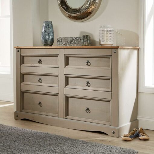 Grey Chest of Drawers Pine 6 Drawer Solid Pine Mexican Wooden Sideboard - Grey - Corona