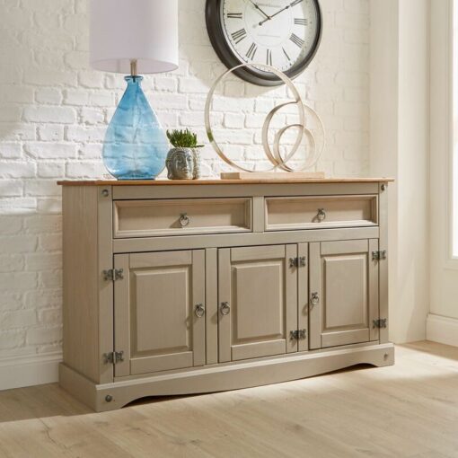 Grey Sideboard 2 Drawer 3 Door Cupboard Solid Mexican Pine Wooden Cabinet - Grey - Corona