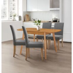 Hallowood Furniture - Aston Extending Table and Chairs Set 4, Butterfly Table and Straight Back Chairs in Grey Fabric, Wooden Kitchen Table and