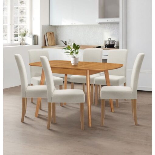 Hallowood Furniture - Aston Extending Table and Chairs Set 6, Butterfly Table and Straight Back Chairs in Beige Fabric, Wooden Kitchen Table and