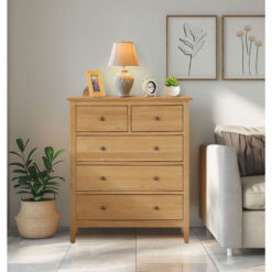 Hallowood Furniture Aston Oak Chest of Drawers, 5 Drawers Chest, Solid Wood Chest of Drawers, 2 Over 3 Wooden Drawers, Hallway Furniture & Bedroom