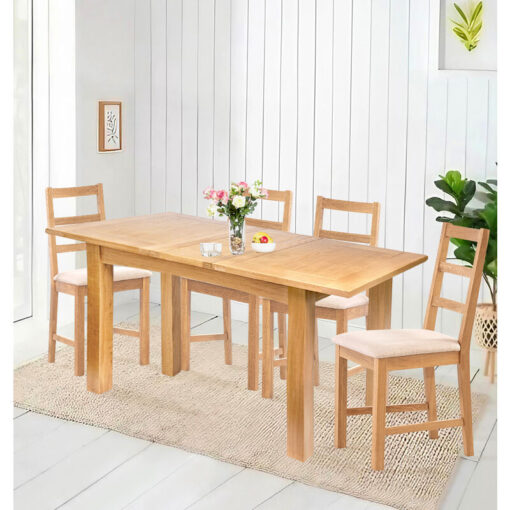 Hallowood Furniture - Camberley Oak Butterfly Extendable Dining Table and Chairs Set 4, Wooden Kitchen Table with 4 Ladder Back Chairs in Beige