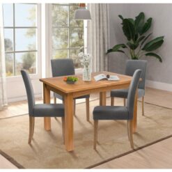 Hallowood Furniture Camberley Oak Butterfly Extendable Dining Table and Chairs Set 4, Wooden Kitchen Table with 4 Straight Back Chairs in Grey Fabric