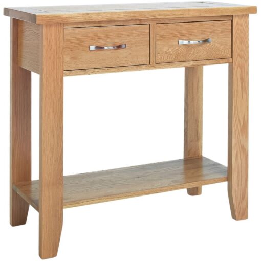 Hallowood Furniture - Camberley Oak Console Table with 2 Drawer in Light Oak, Wooden Narrow Side Table with Shelf, Radiator Table, Telephone Table,