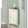 Hallowood Furniture Clifton Green Off White Painted Compact Corner Display Unit with Light Oak Top, Wooden Corner Cupboard, Small Storage Cabinet,