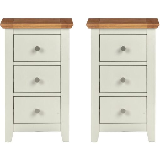 Hallowood Furniture - Clifton Oak Green Off White Painted Small Bedside Table with 3 Drawers Set of 2, Solid Wooden Narrow Side Table, Lamp Table,