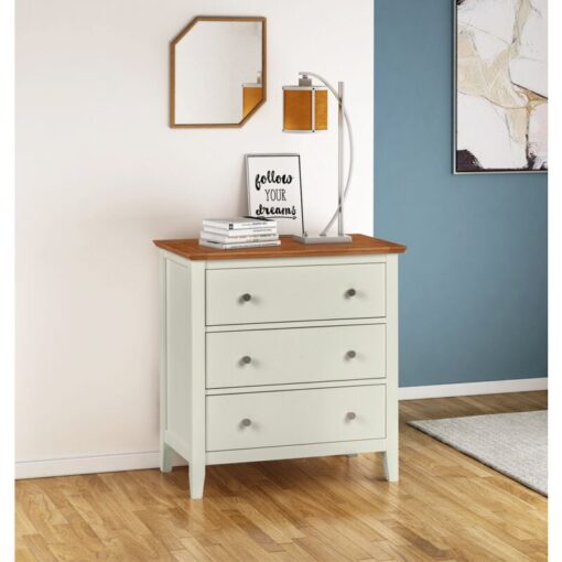 Hallowood Furniture - Clifton Oak Small Chest of Drawers, Green Off White Chest of Drawers, Light Oak Top Wooden Chest of Drawers for Living Room,