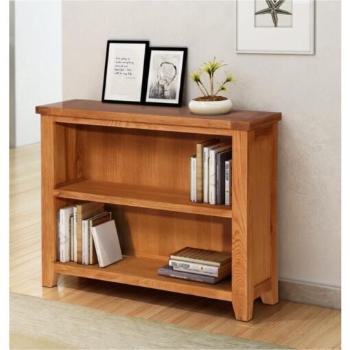 Hallowood Furniture - Cotswold Oak Wide & Low Bookcase with Shelf, Solid Wooden Book Shelf, Book Case Unit in Medium Oak, Cube Storage Unit, Low