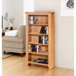 Hallowood Furniture - Cotswold Oak Wide cd Storage in Oak Finish, Bookcase with 5 Shelves, Wooden dvd Storage Cupboard, cd or dvd Tower, Book Shelf