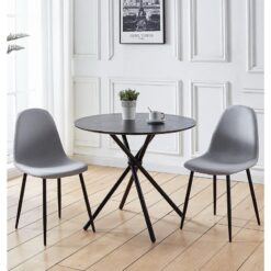 Hallowood Furniture - Cullompton Black Dining Table and Chair Set 2, Wooden Effect Top Round Table, Small Kitchen Table and Grey Fabric Chairs with