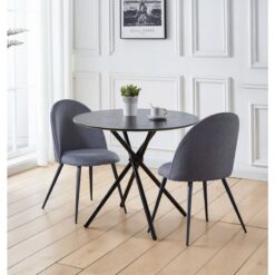 Hallowood Furniture - Cullompton Dining Table and Chairs Set 2, Black Wooden Effect Dining Table with Curved-back Grey Chairs, Small Round Table with