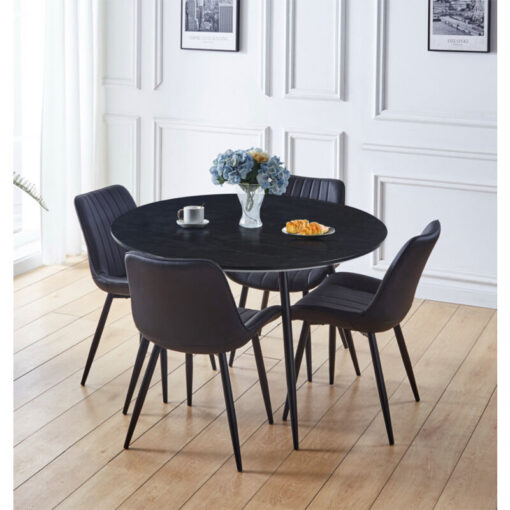 Hallowood Furniture - Cullompton Dining Table and Chairs Set 4, Black Wooden Effect Large Round Dining Table (120cm) with Black Bonded Leather Chair,