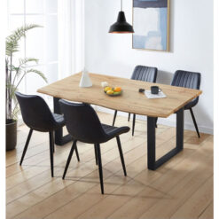 Hallowood Furniture - Cullompton Large Dining Table and Chairs Set 4, Live Edge Effect Kitchen Table with U-Shaped Legs, and Black Bonded Leather