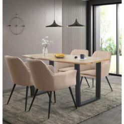 Hallowood Furniture - Cullompton Large Dining Table and Chairs Set 4, Live Edge Effect Kitchen Table with U-Shaped Legs, and Light Brown Armed