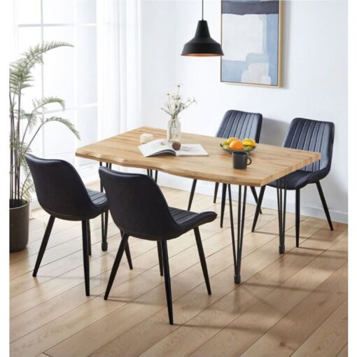 Hallowood Furniture - Cullompton Large Dining Table and Chairs Set 4, Live Edge Effect Top Kitchen Table (120cm) and Black Bonded Leather Chairs,