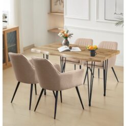 Hallowood Furniture Cullompton Large Dining Table and Chairs Set 4, Live Edge Effect Top Kitchen Table (120cm) and Light Brown Fabric Dining Chairs,