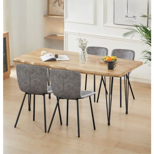 Hallowood Furniture - Cullompton Large Dining Table and Chairs Set 4, Live Edge Effect Top Kitchen Table (160cm) and Grey Leather Effect Dining