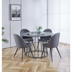 Hallowood Furniture - Cullompton Large Dining Table and Chairs Set 4, Round Table with Grey Marble Effect Top and Curved-back Dark Grey Fabric