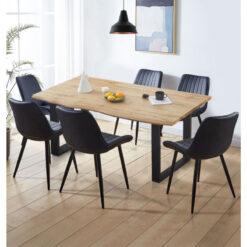 Hallowood Furniture Cullompton Large Dining Table and Chairs Set 6, Live Edge Effect Kitchen Table with U-Shaped Legs, and Black Bonded Leather