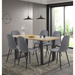 Hallowood Furniture - Cullompton Large Dining Table and Chairs Set 6, Live Edge Effect Kitchen Table with U-Shaped Legs, and Dark Grey Fabric Chairs,