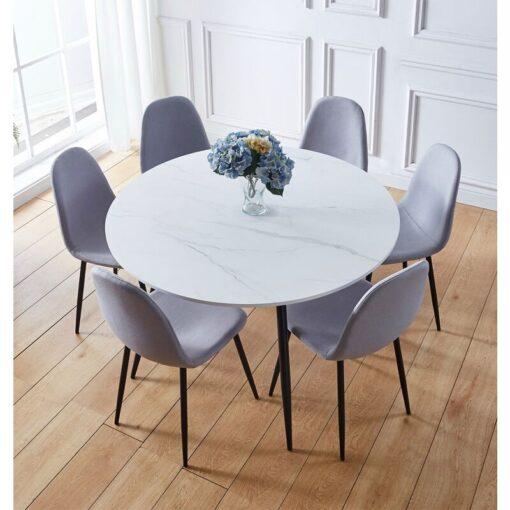 Hallowood Furniture - Cullompton Large Dining Table and Chairs Set 6, White Marble Effect Round Dining Table, Kitchen Table (120cm) and Grey Chairs,