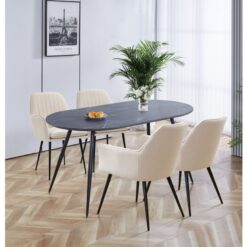 Hallowood Furniture - Cullompton Large Dining Table and Chairs Set of 4, Grey Marble Effect Oval Dining Table and Beige Fabric Arm Chairs, Dining