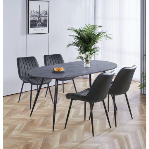 Hallowood Furniture - Cullompton Large Dining Table and Chairs Set of 4, Grey Marble Effect Oval Dining Table and Black Bonded Leather Chairs, Dining