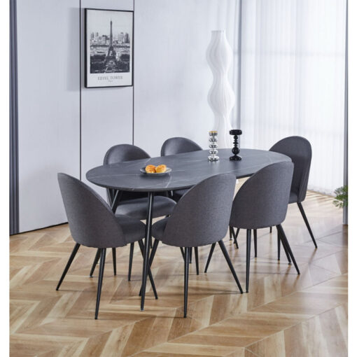 Hallowood Furniture - Cullompton Large Dining Table and Chairs Set of 6, Grey Marble Effect Oval Dining Table and Curved-back Dark Grey Fabric