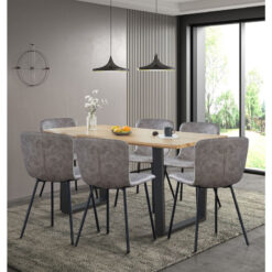 Hallowood Furniture - Cullompton Large Dining Table and Chairs Set of 6, Live Edge Effect Kitchen Table with U-Shaped Legs, and Grey Faux Leather