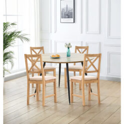 Hallowood Furniture Cullompton Large Round Dining Table Set of 4, Light Oak Effect Top & Cross Back Fabric Chairs - 1.2m Kitchen Table and Chairs for