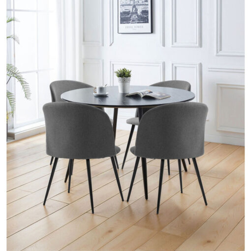 Hallowood Furniture - Cullompton Large Round Dining Table and Chairs Set 4, Black Dining Table with Curved-back Dark Grey Fabric Dining Chairs,